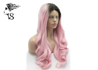 26 inch Wavy Curly Pink Lace Front Wigs Synthetic Hair With Dark Roots For Rupaul